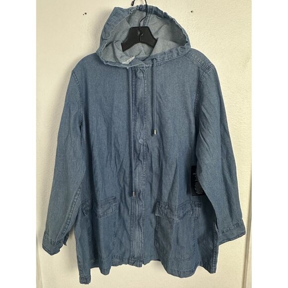 Woman Within Jacket Womens L 18/20 Blue Full Zip Hoodie Denim Jean Chore Field - Picture 2 of 14